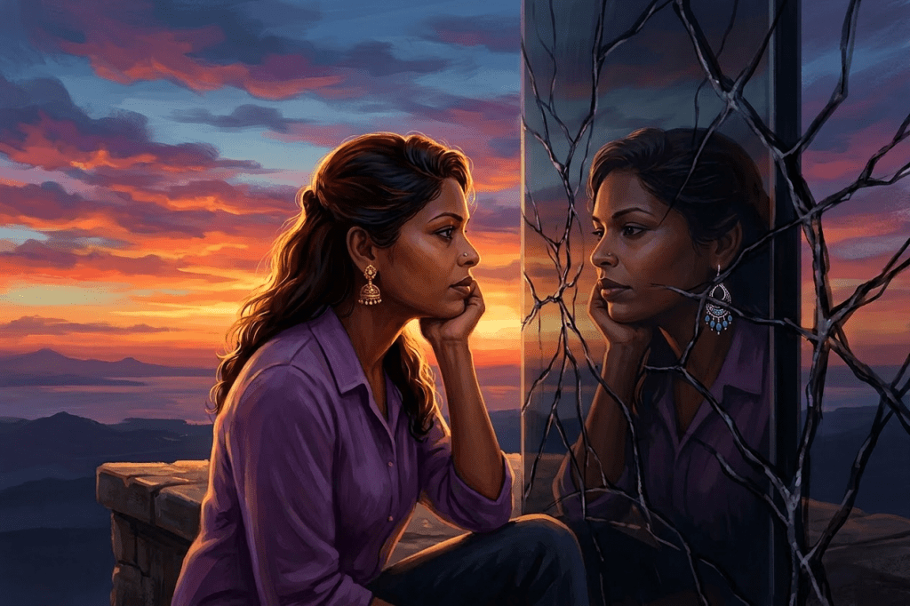 Woman looking thoughtfully at her reflection in a cracked mirror at sunset